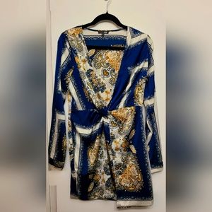 4/$24 Fashion Nova Sugar Free Dress Size Large In Blue & Gold Print
